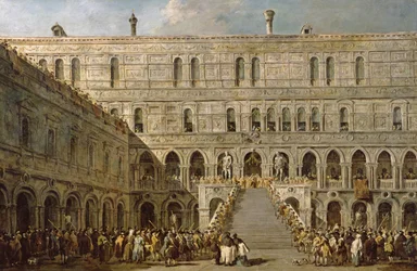 De kroning van de Doge van Venetië op de Scala dei Giganti van het Palazzo Ducale